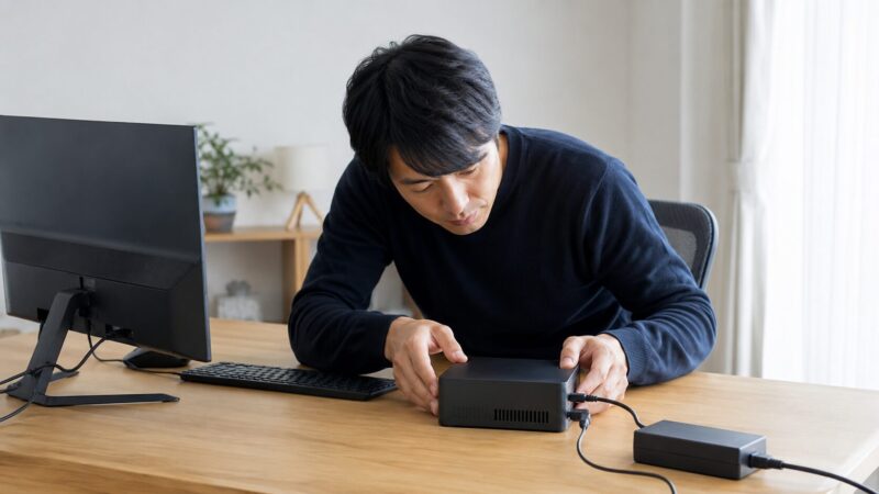 　ミニPCの通気口や接続状態を確認する日本人男性