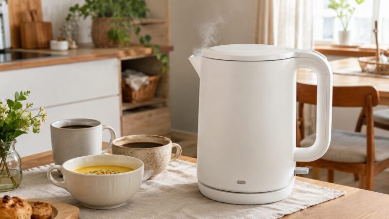 短時間保温できる蒸気レス電気ケトルと注ぎ口の薄い湯気