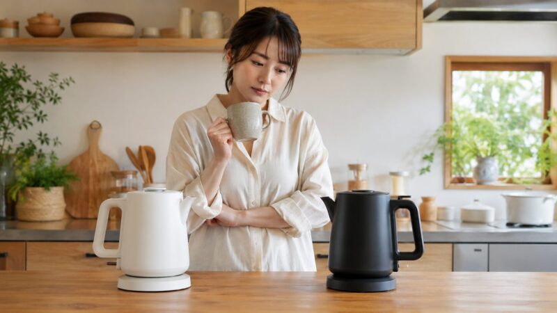 象印とタイガーの電気ケトル選びで悩む女性のイメージ