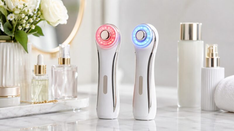 赤色LEDと青色LEDを搭載した美顔器の役割をイメージした写真