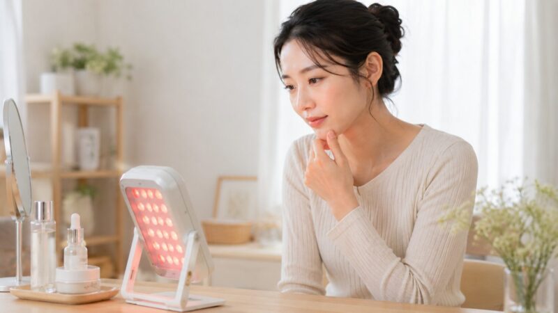 赤外線や温感ケアの効果を慎重に確認する女性