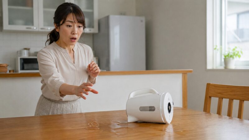 横倒しになった電気ケトルから少量のお湯がこぼれている様子