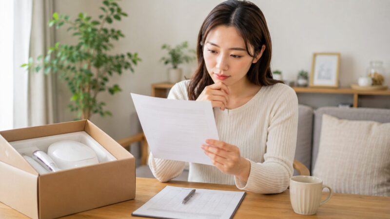 美顔器の返金保証と返品条件を購入前に確認する女性