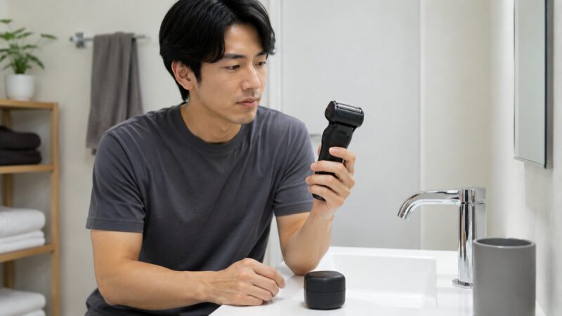 パームインシェーバーと通常型シェーバーを比較して持ちやすさを確認する男性