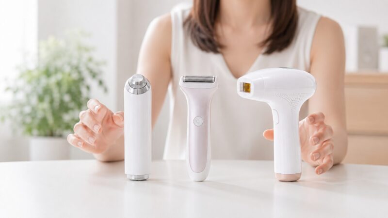 ナノガラス脱毛器と電動シェーバーと光美容器の違いを比較する画像