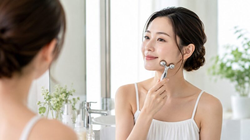 顔用の小さめ美容ローラーを頬に使う女性