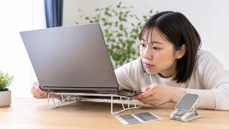 100均アイテムでノートPCの底面に通気スペースを作る様子
