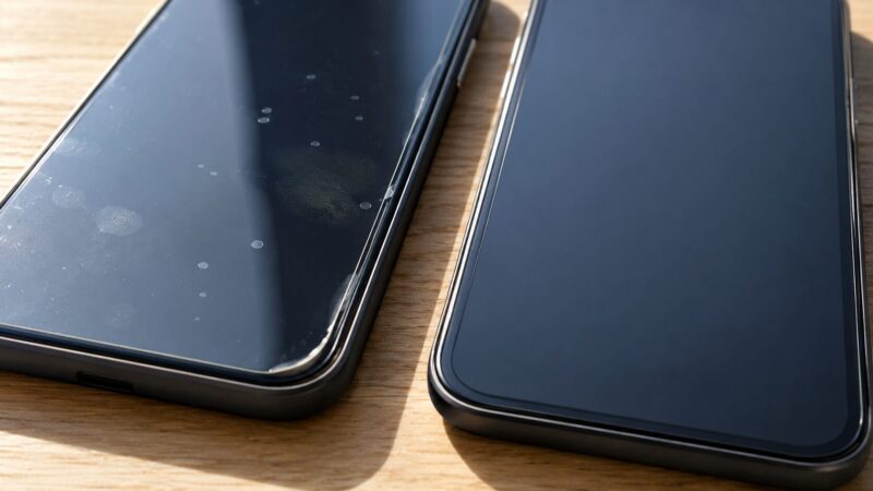 100均のiPhoneフィルムで起こりやすい気泡や端浮きの例