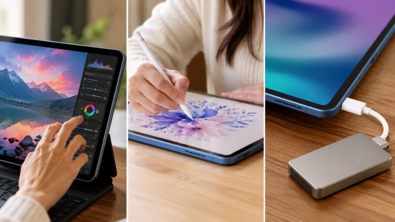 タブレットの画像編集とペン入力とUSB接続で上位モデルとの機能差を表したイメージ