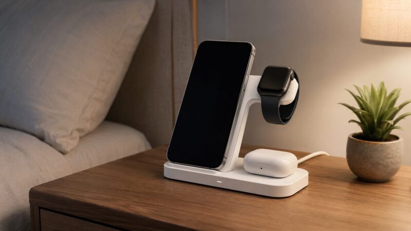 スマホとワイヤレスイヤホンをまとめて充電できるスタンドの様子