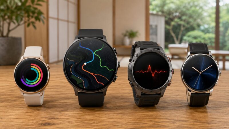 大画面モデルと複数の丸型スマートウォッチを並べた比較イメージ