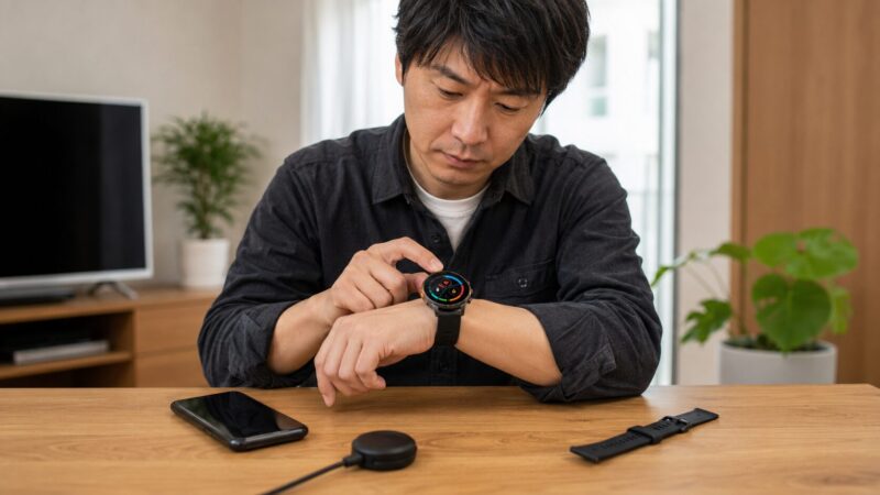 日本人男性が大型スマートウォッチの操作性と装着感を確認する様子