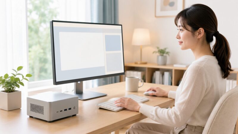 普段使い向けのN150搭載ミニPCで作業する日本人女性