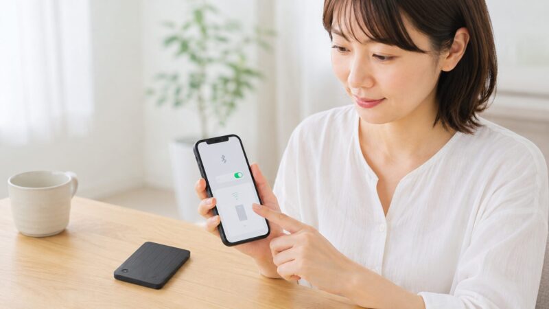 Plaud NoteとスマートフォンのBluetooth接続を確認する女性