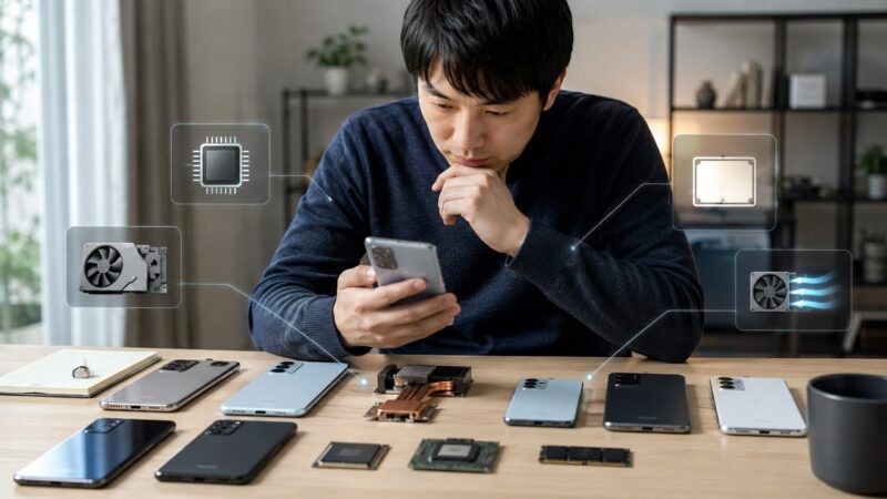 スマホのCPUやGPUやメモリや冷却性能を比較する日本人男性