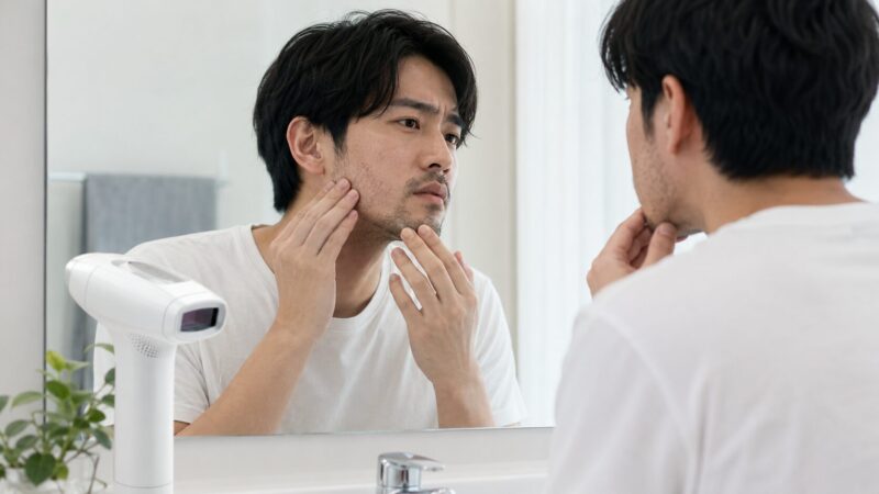 メンズの髭に家庭用脱毛器を使う前に肌を確認する男性