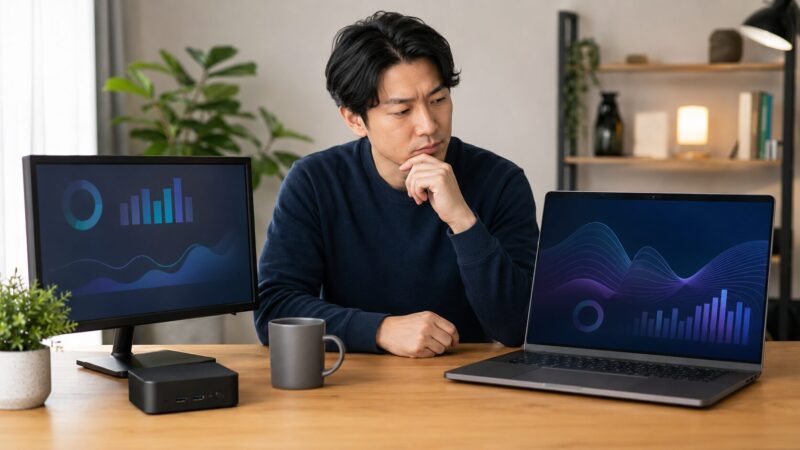 Intel N150搭載ミニPCとCore i5クラスのノートPCを比較する様子