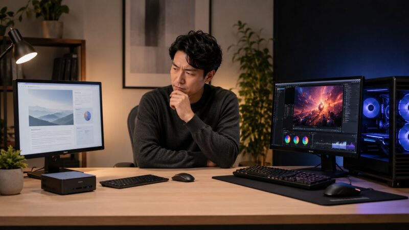 Nシリーズ搭載ミニPCとCore i5クラスPCの用途の違いを比較する場面