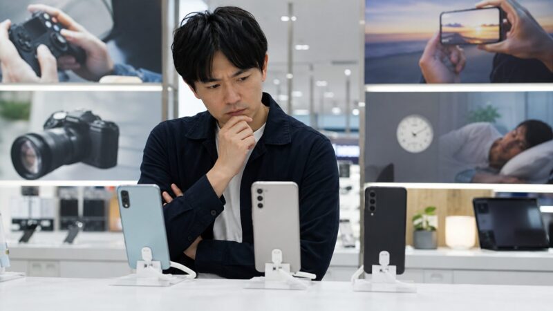 用途や価格、電池持ちを比較して自分に合うスマートフォンを選ぶ様子