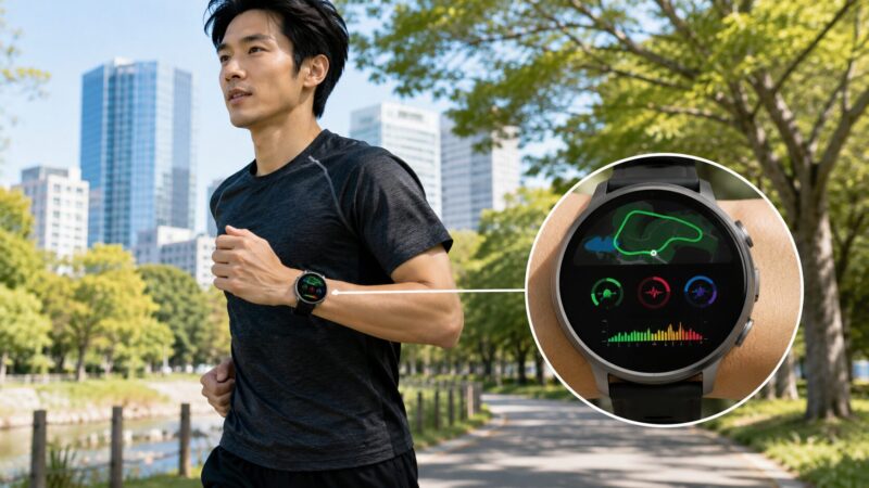 ランニング中にスマートウォッチでGPSルートを記録する日本人男性