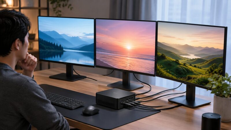 ミニPCから複数モニターへ高解像度映像を出力するイメージ