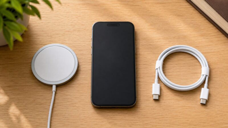 MagSafe充電と有線充電をデスク上で比較している様子