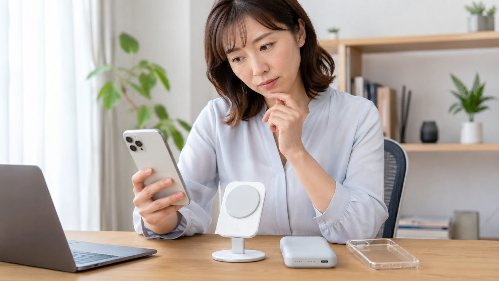 MagSafeが必要か迷う人がスマホ充電器やケースを比較している様子