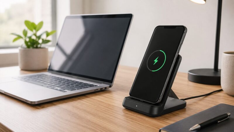デスク上でMagSafe充電スタンドにスマホを置いて充電している様子