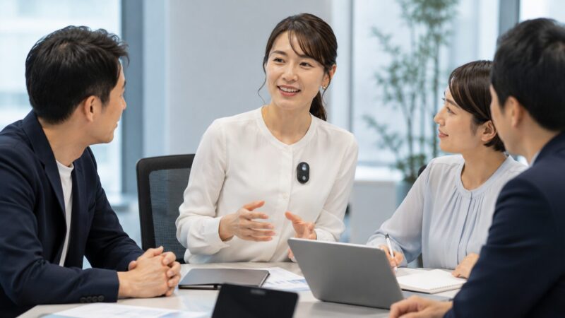 Plaud NotePin Sを胸元に装着して対面会議を録音する女性