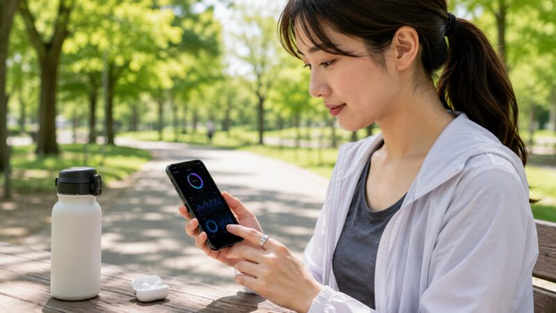 Oura Ring 5をイメージしたスマートリングで健康と運動を管理する日本人女性