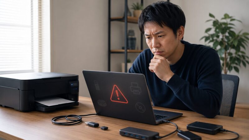 Snapdragon搭載PCのソフトや周辺機器の互換性を確認する日本人男性