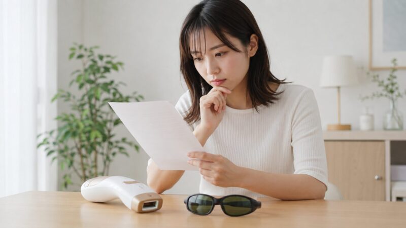 家庭用IPL脱毛器の安全面と保護メガネを確認する日本人女性