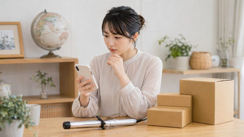Qoo10でヘアアイロンの販売元や発送元を確認する日本人女性