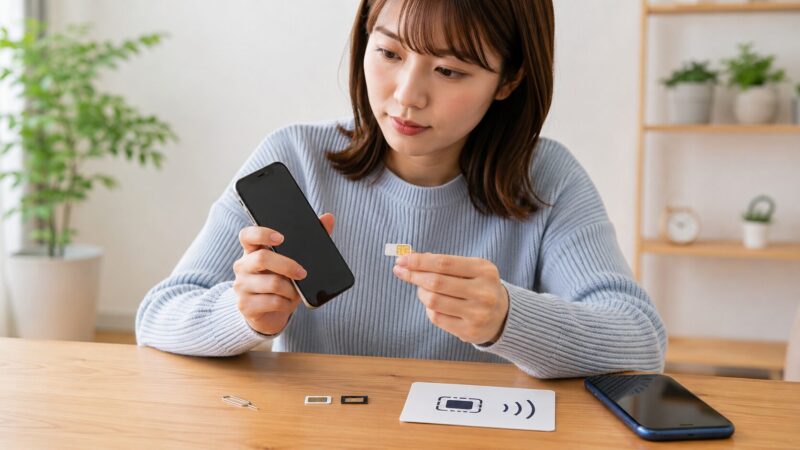 iPhoneのSIMカードと通信回線への対応を確認する女性