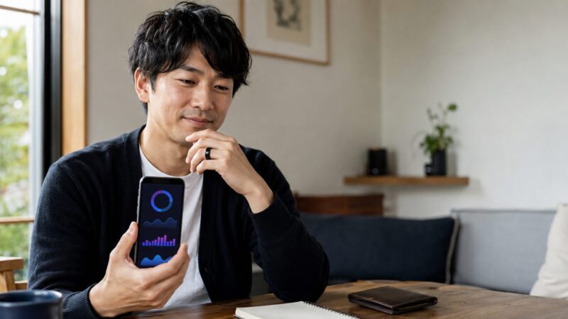SOXAI RING 2をイメージしたスマートリングで健康管理する日本人男性