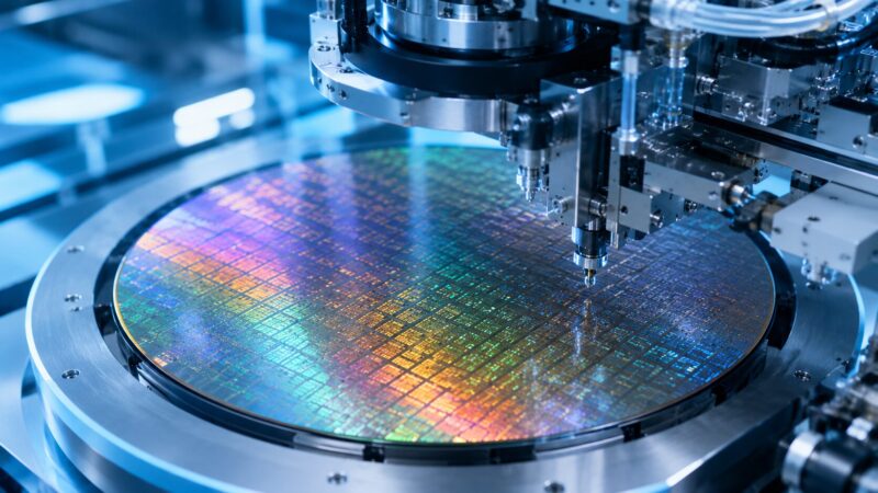スマートフォン向け半導体を製造するシリコンウエハーと精密装置