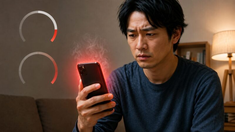スマートフォンの発熱とバッテリー消費を心配する日本人男性