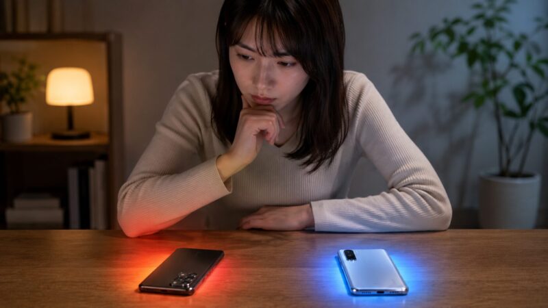 古い高性能スマートフォンと新しい機種を比較する日本人女性