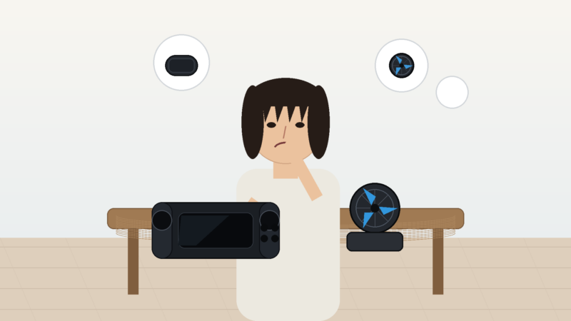 Switch2本体と冷却ファンを前に必要性を考える日本人女性の画像