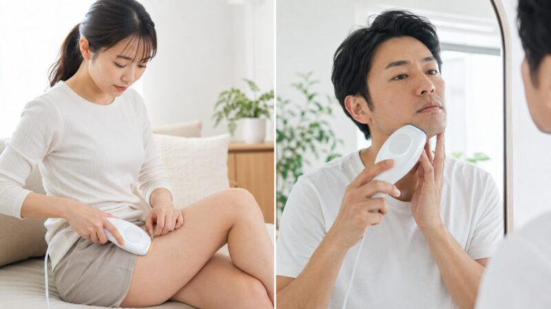 Vラインと男性のヒゲに家庭用脱毛器を慎重に使用する様子