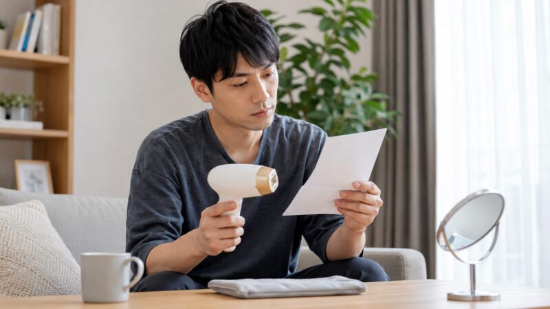 VIO対応家庭用脱毛器の使用前に説明書を確認する日本人男性