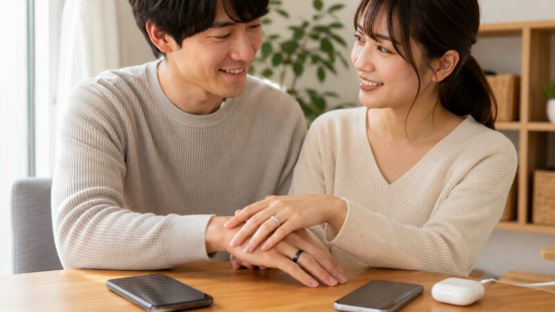 ペアのスマートリングを着けた日本人夫婦
