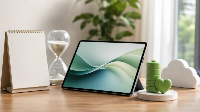 カレンダーと砂時計とタブレットでiPad A16の使用期間と長期利用を表したイメージ