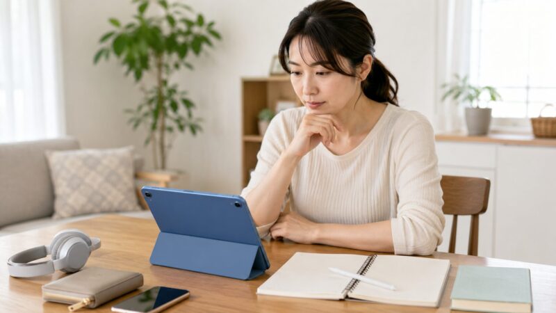 iPad A16の性能や予算が自分の用途に合うか検討する日本人女性