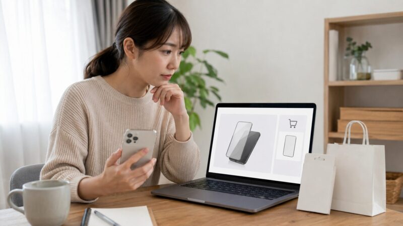 iPhone17用フィルムを通販と店舗で比較して購入先を選ぶ様子