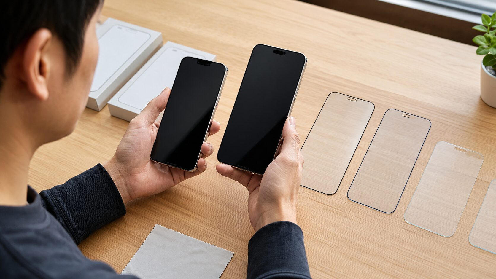 iPhone17に代用できる画面保護フィルムをサイズ比較する様子