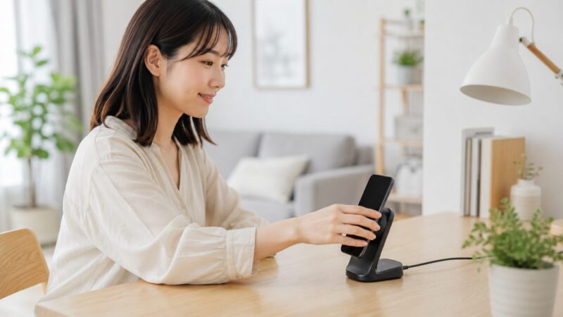 MagSafe充電でスマホを置くだけで簡単に充電している様子