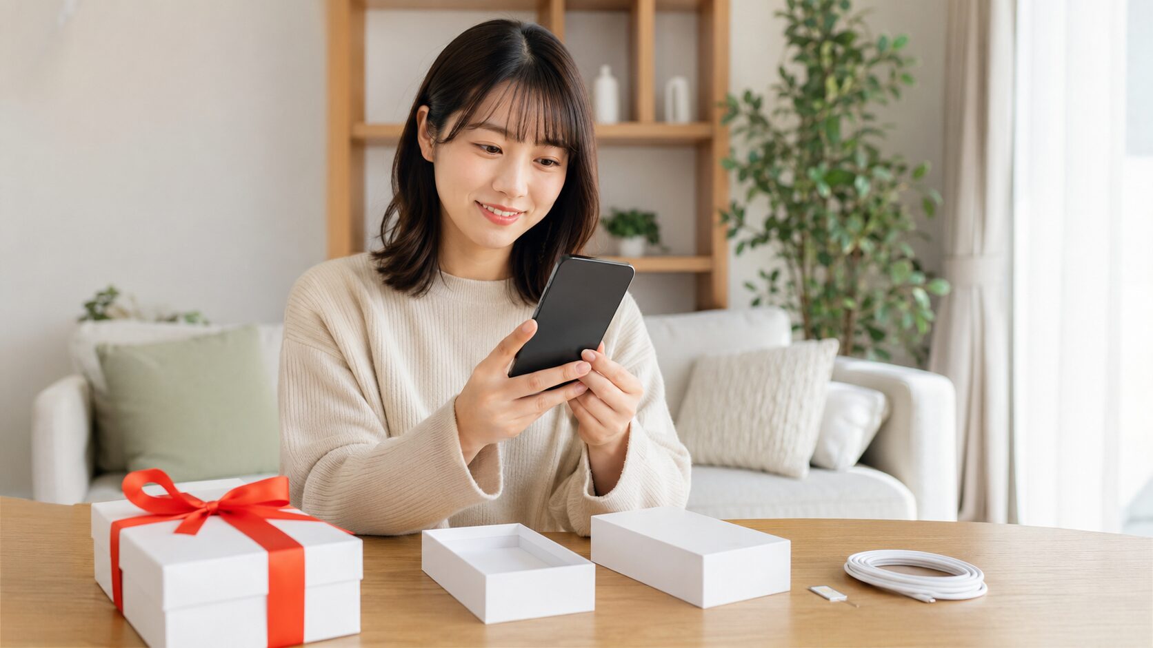 プレゼントされたiPhoneを開封前に確認する日本人女性