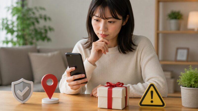 プレゼントされたiPhoneの安全性を慎重に確認する女性