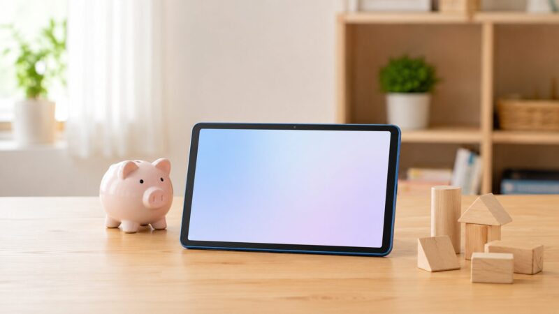 タブレットと貯金箱でiPad A16の価格の安さを表したイメージ